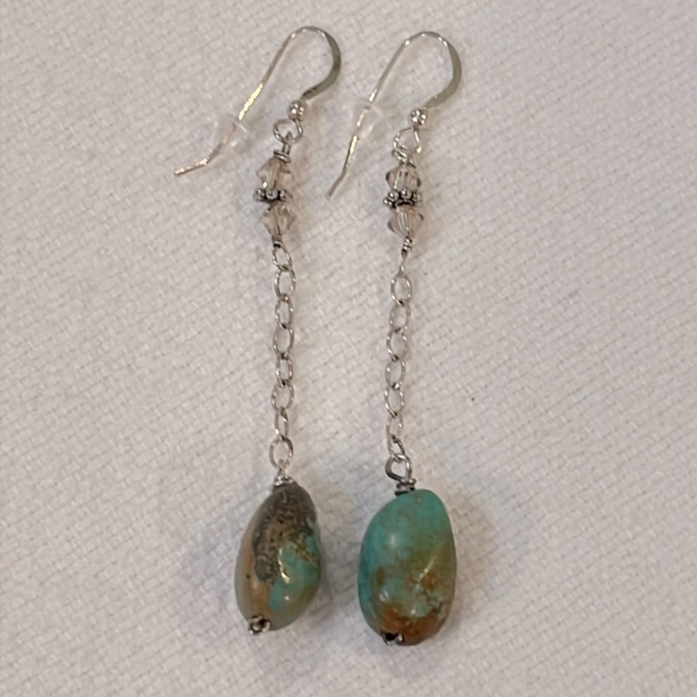 Sterling silver dainty chain glass bead turquoise stone long dangle - Picture 2 of 8